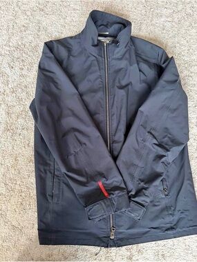 Prada Men's Navy Lightweight Zip Jacket with Red Cuff Accent
